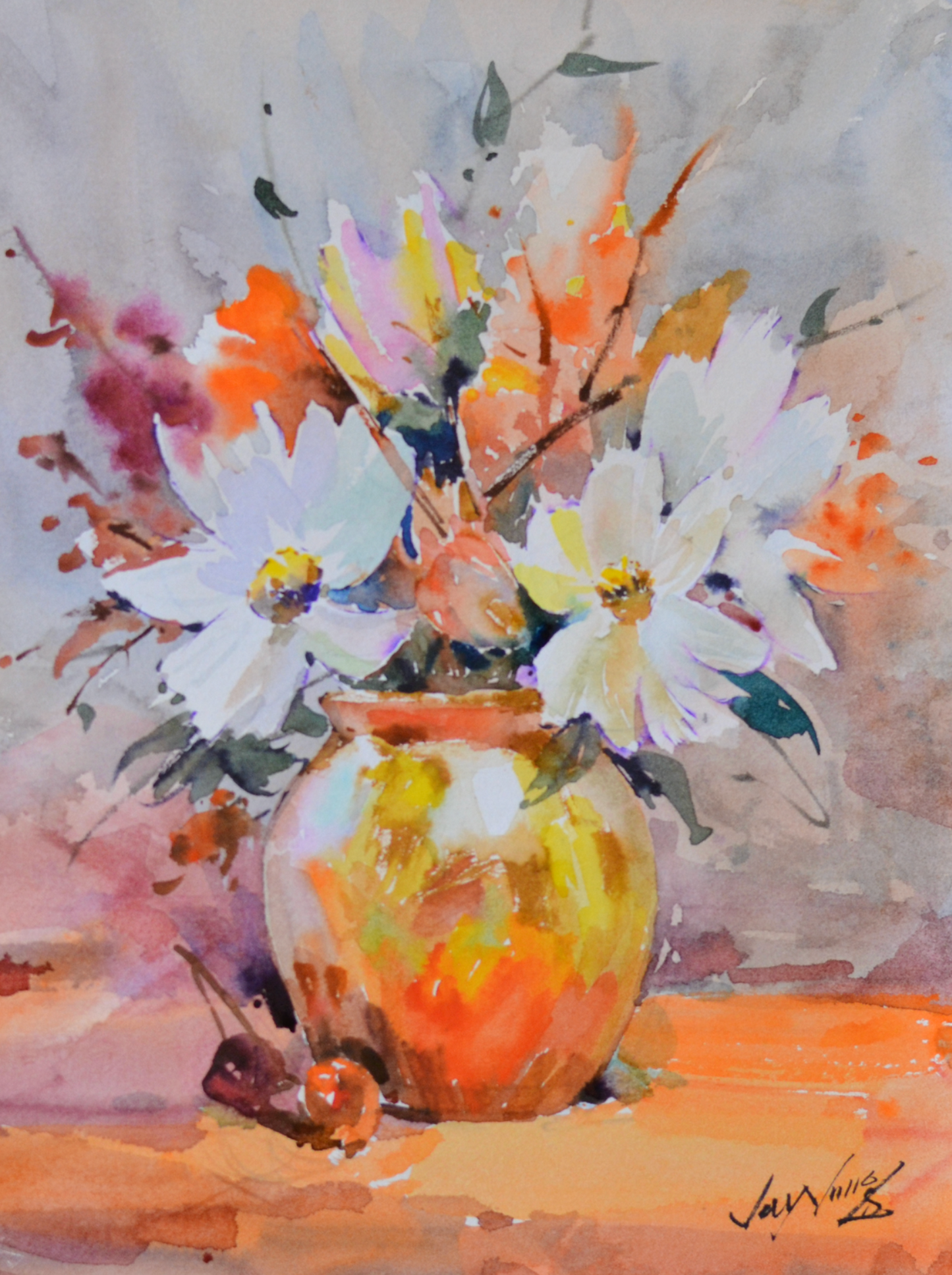 EQOP-R] JAY JACK JUNG (1955) - Original Painting - Impressionism Flower Vase Watercolor Painting