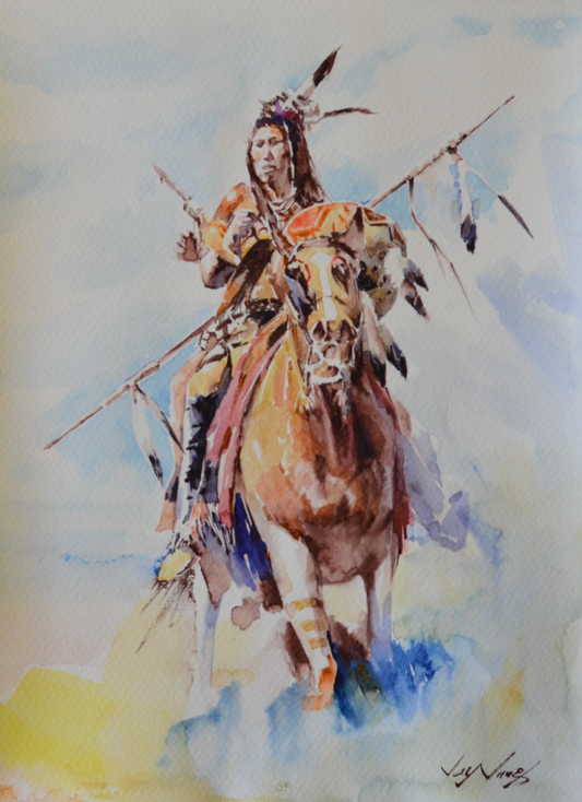 EQOP-F] JAY JACK JUNG (1955) - Original Painting - Expressionism Native American Indian Warrior Riding Horse Watercolor Painting