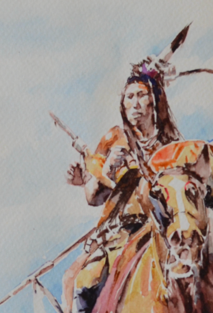 EQOP-F] JAY JACK JUNG (1955) - Original Painting - Expressionism Native American Indian Warrior Riding Horse Watercolor Painting