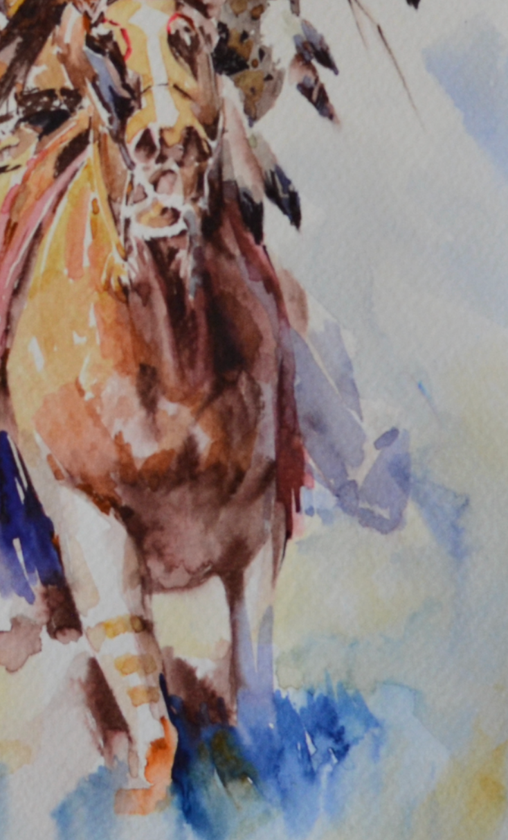 EQOP-F] JAY JACK JUNG (1955) - Original Painting - Expressionism Native American Indian Warrior Riding Horse Watercolor Painting