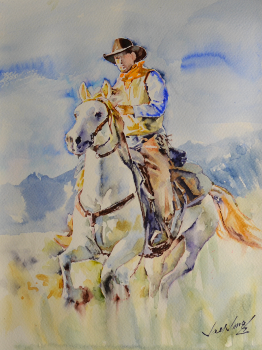 EQOP-F] JAY JACK JUNG (1955) - Original Painting - Expressionism Cowboy Riding Horse Watercolor Painting