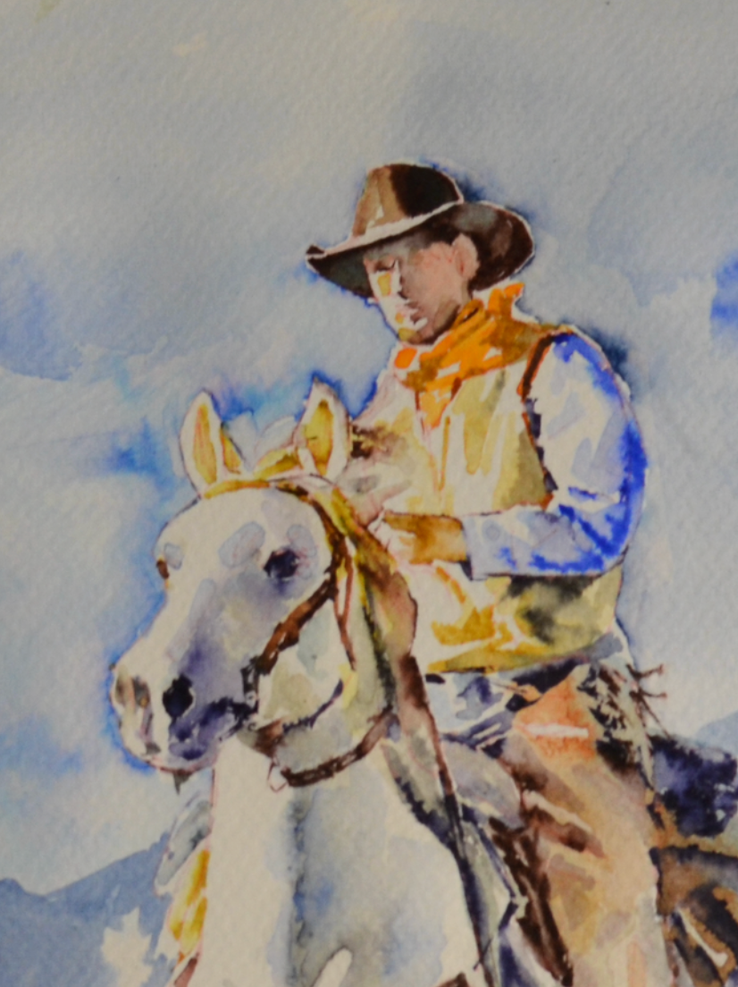 EQOP-F] JAY JACK JUNG (1955) - Original Painting - Expressionism Cowboy Riding Horse Watercolor Painting