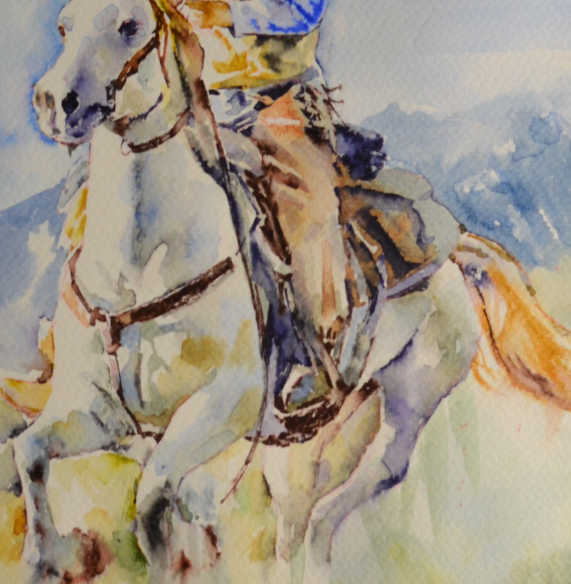 EQOP-F] JAY JACK JUNG (1955) - Original Painting - Expressionism Cowboy Riding Horse Watercolor Painting