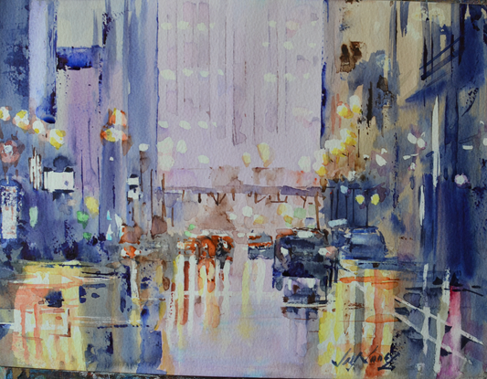 EQOP-C] JAY JACK JUNG (1955) - Original Painting - Impressionism Cityscape Downtown New York City Painting