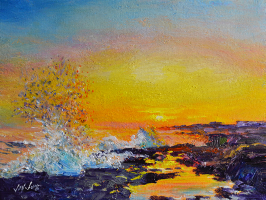 EQOP-S] JAY JACK JUNG (1955) - Original Painting - Sunset Crushing Waves Seascape Painting