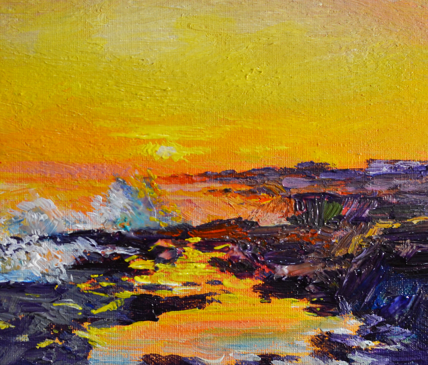 EQOP-S] JAY JACK JUNG (1955) - Original Painting - Sunset Crushing Waves Seascape Painting