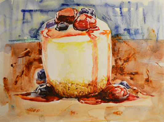 EOPT] EUN - Original Painting - Still Life Fruit Cake Watercolor Painting