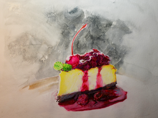 EOPT] EUN - Original Painting - Still Life Fruit Cheesecake Slice Watercolor Painting