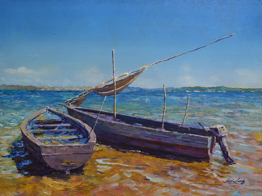 EOPS] JAY JACK JUNG (B. 1955) Original Artwork - Impressionism Fishing Boats Seascape Painting