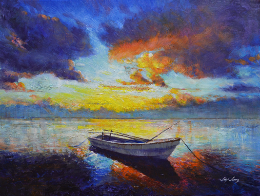 EOPS] JAY JACK JUNG (B. 1955) Original Artwork - Impressionism Fishing Boat at Sunset Seascape Painting