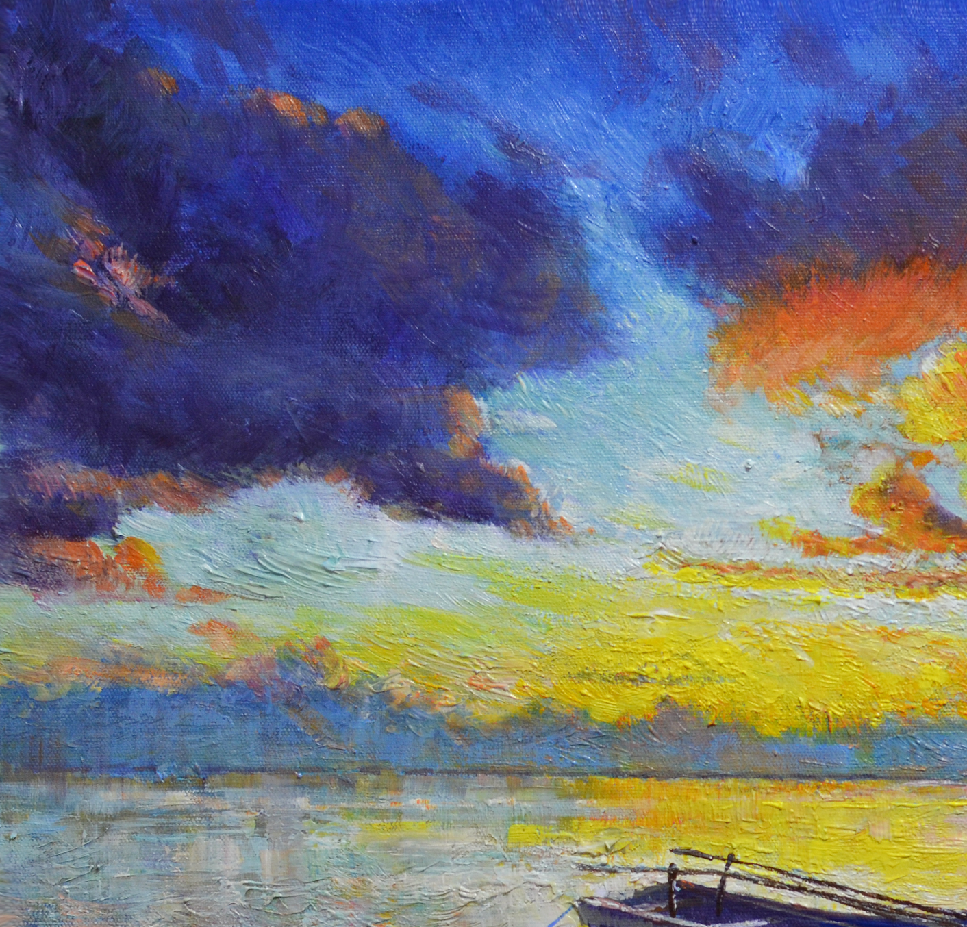 EOPS] JAY JACK JUNG (B. 1955) Original Artwork - Impressionism Fishing Boat at Sunset Seascape Painting