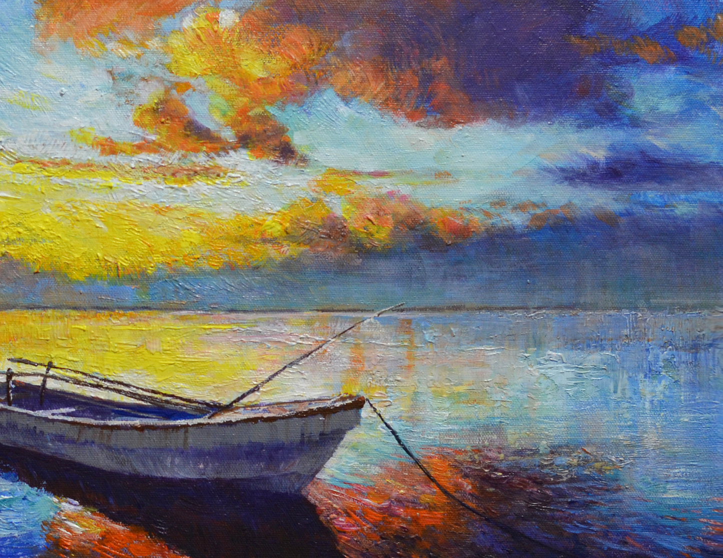 EOPS] JAY JACK JUNG (B. 1955) Original Artwork - Impressionism Fishing Boat at Sunset Seascape Painting