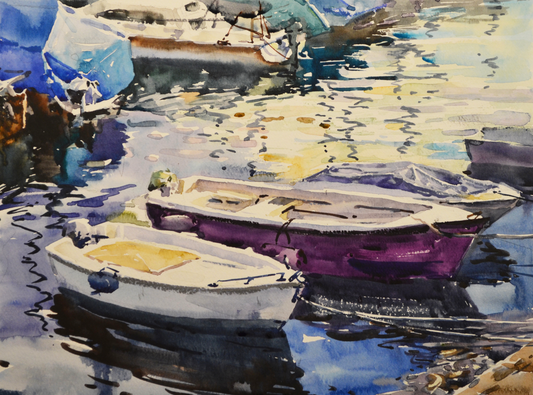 EOPS] JAY JACK JUNG (B. 1955) Original Artwork - Impressionism Fishing Boats at Dock Seascape Painting