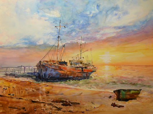 EOPS] JAY JACK JUNG (B. 1955) Original Artwork - Impressionism Sunset Fishing Boats Seascape Painting