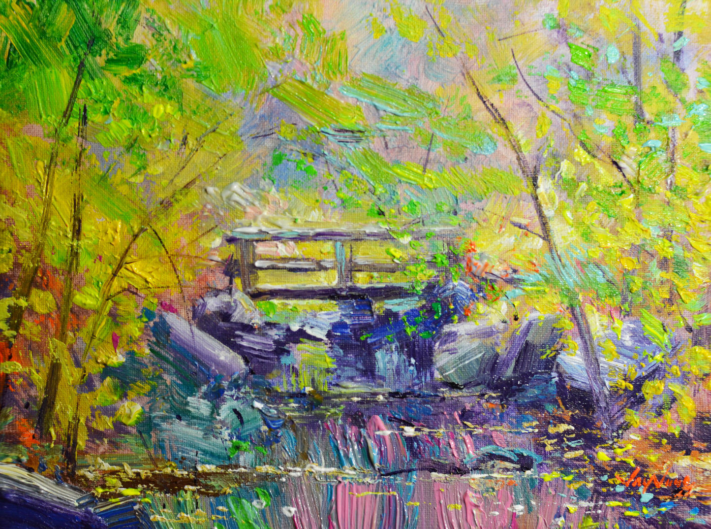 EOPL] JAY JACK JUNG (B. 1955) Original Artwork - Impressionism Stream Bridge Landscape Painting