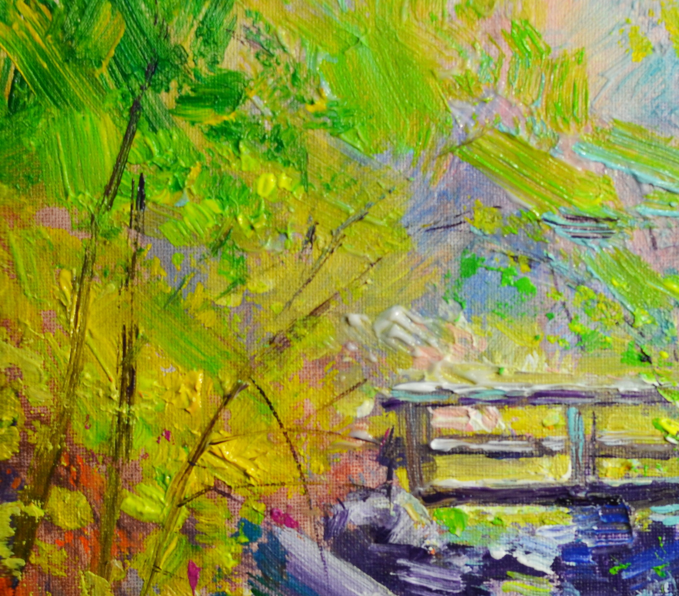 EOPL] JAY JACK JUNG (B. 1955) Original Artwork - Impressionism Stream Bridge Landscape Painting