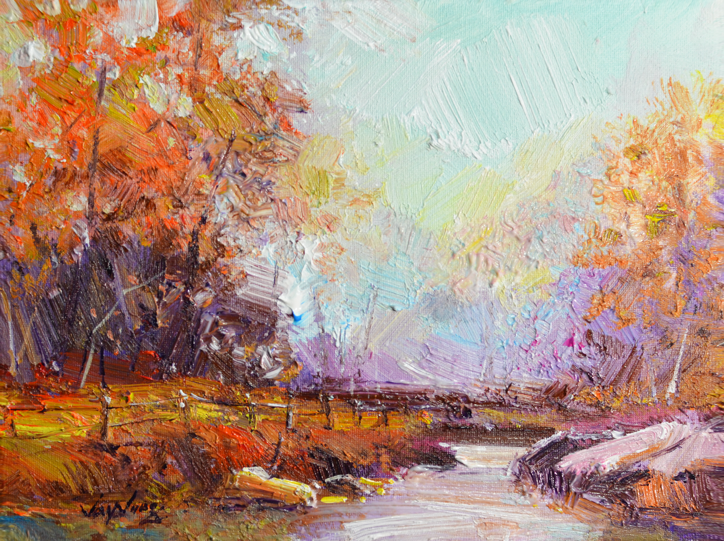 EOPL] JAY JACK JUNG (B. 1955) Original Artwork - Impressionism Autumn Stream Landscape Painting