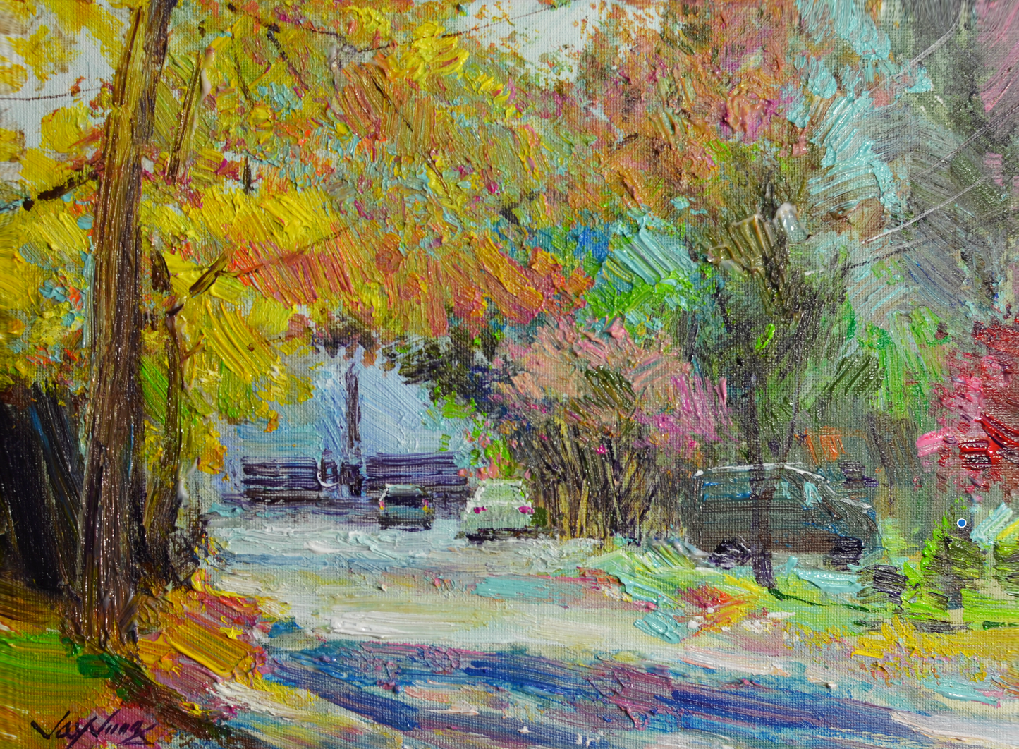 EOPL] JAY JACK JUNG (B. 1955) Original Artwork - Impressionism Autumn Street Landscape Painting