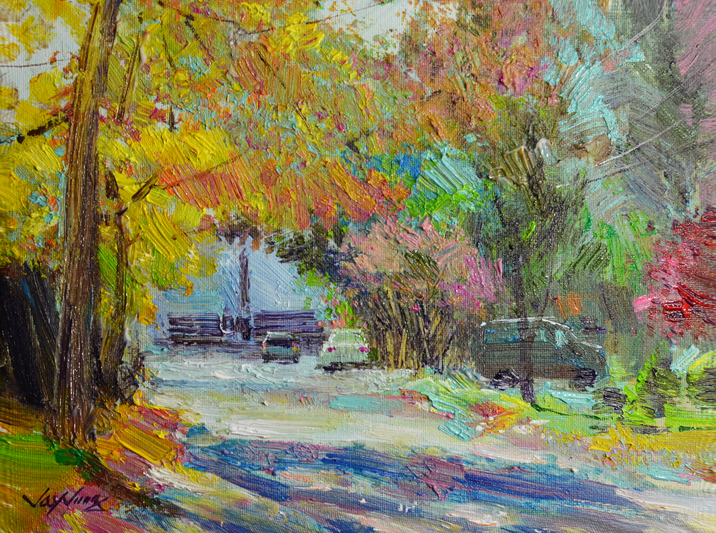 EOPL] JAY JACK JUNG (B. 1955) Original Artwork - Impressionism Autumn Street Landscape Painting