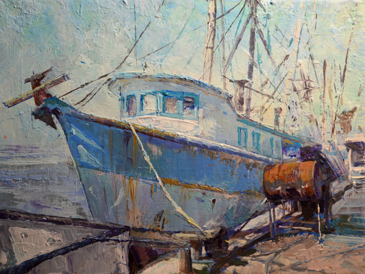 EOPS] JAY JACK JUNG (B. 1955) Original Artwork - Impressionism Fishing Boat at Dock Seascape Painting