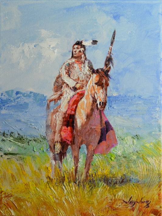 EOPW] JAY JACK JUNG (B. 1955) Original Artwork - Expressionism Native American Indian Warrior on Horse Painting