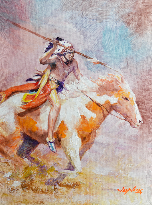 EOPW] JAY JACK JUNG (B. 1955) Original Artwork - Expressionism Native American Indian Warrior Riding Horse Painting