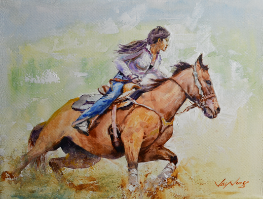 EOPW] JAY JACK JUNG (B. 1955) Original Artwork - Expressionism Cowgirl Riding Horse Painting