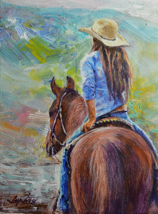 EOPW] JAY JACK JUNG (B. 1955) Original Artwork - Impressionism Cowgirl on Horse Painting