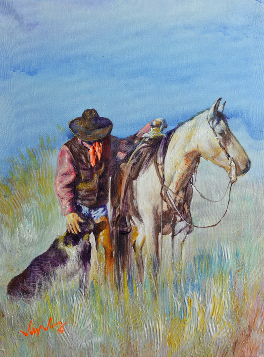 EOPW] JAY JACK JUNG (B. 1955) Original Artwork - Realism Cowboy with Dog and Horse Painting