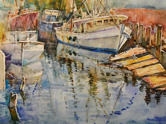 EOPS] JAY JACK JUNG (B. 1955) Original Artwork - Impressionism Fishing Boat at Dock Seascape Painting