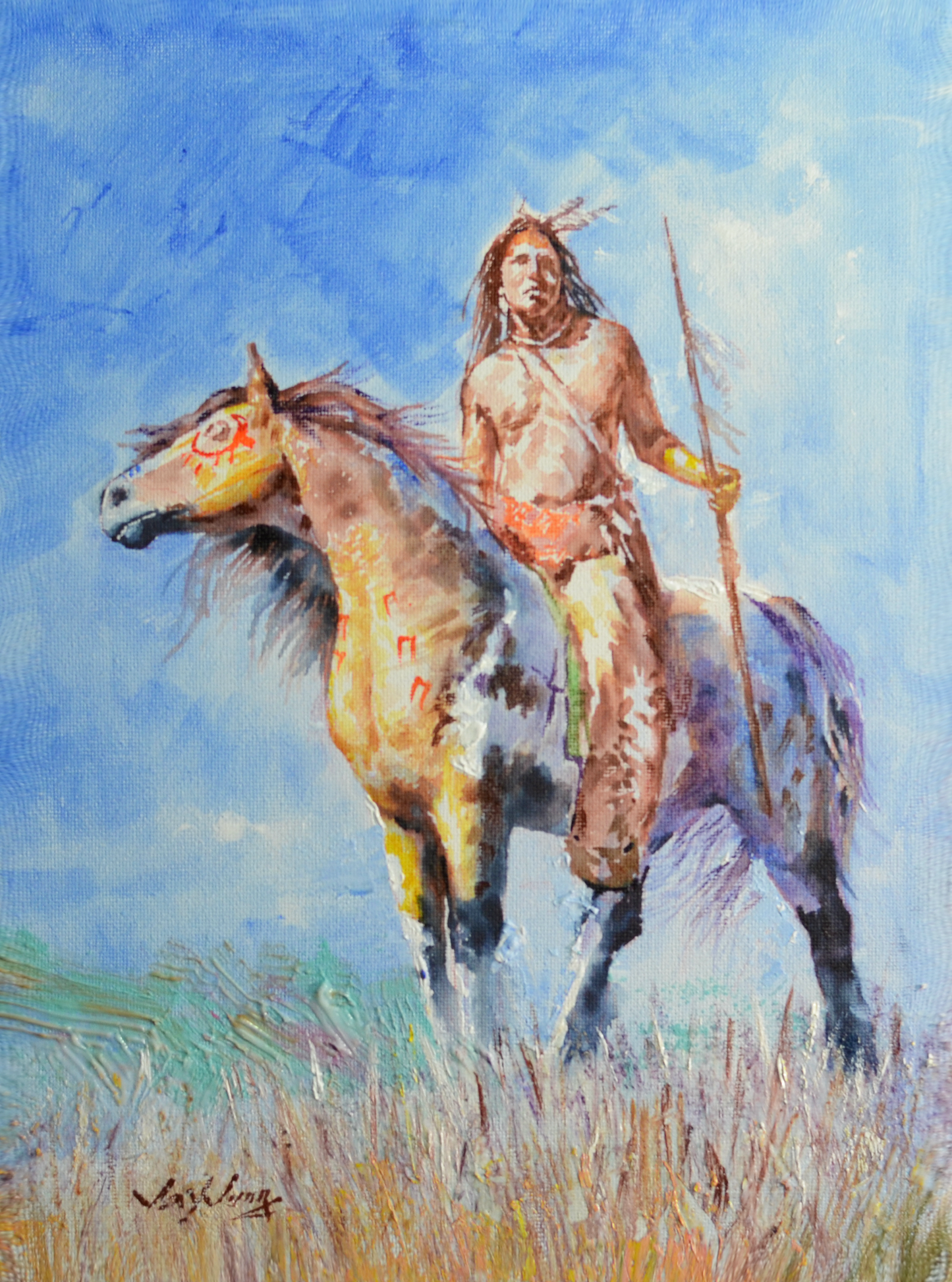 EOPW] JAY JACK JUNG (B. 1955) Original Artwork - Expressionism Native American Indian Warrior on Horse Painting