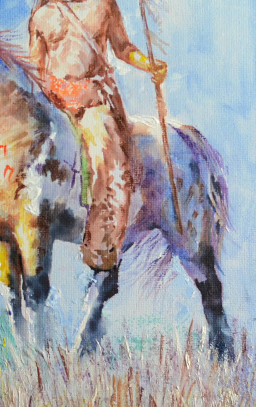 EOPW] JAY JACK JUNG (B. 1955) Original Artwork - Expressionism Native American Indian Warrior on Horse Painting