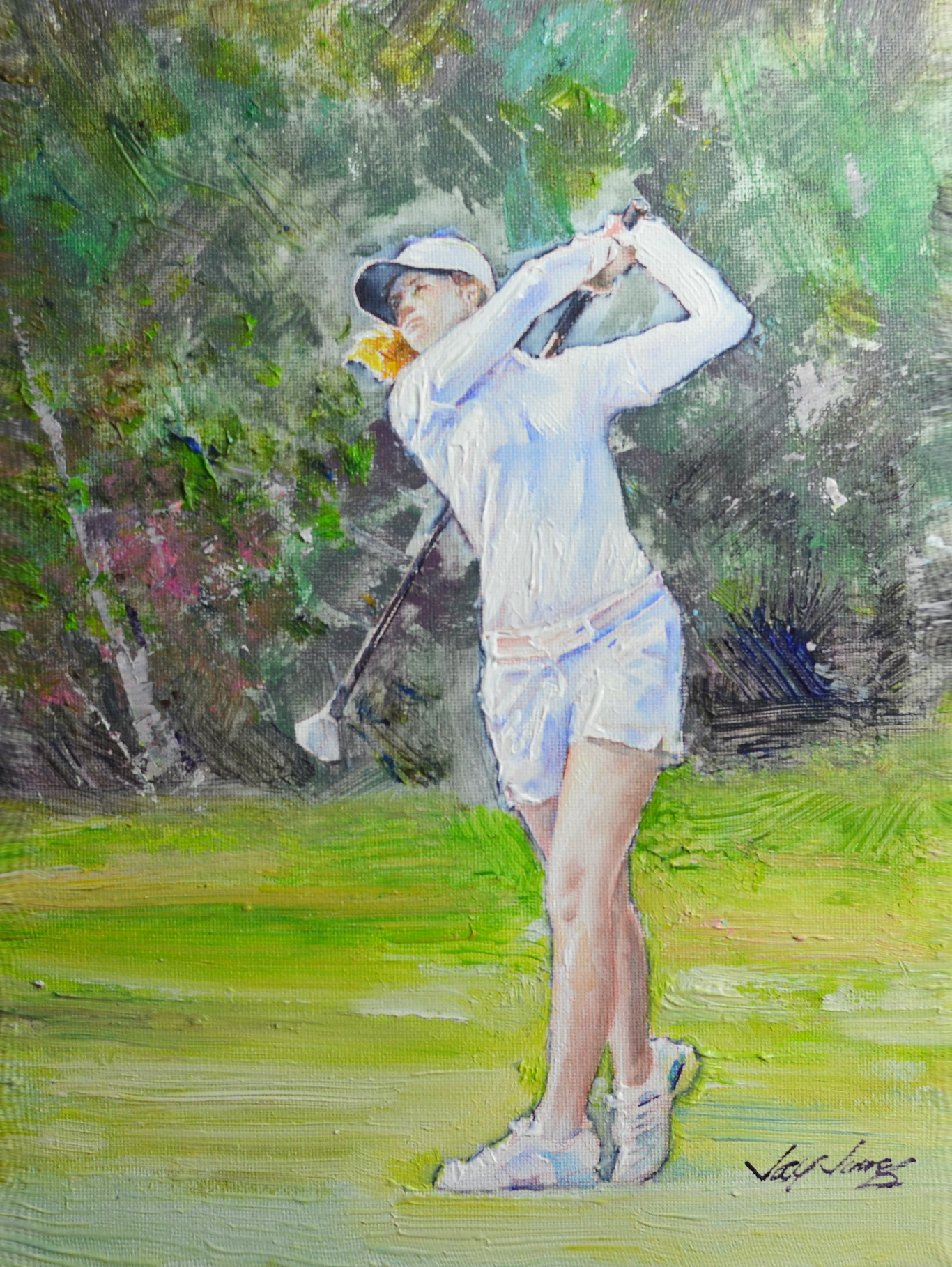 EOPF] JAY JACK JUNG (B. 1955) Original Artwork - Expressionism Lady Golfer Swinging Painting