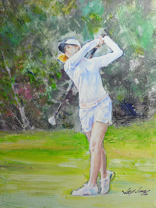 EOPF] JAY JACK JUNG (B. 1955) Original Artwork - Expressionism Lady Golfer Swinging Painting