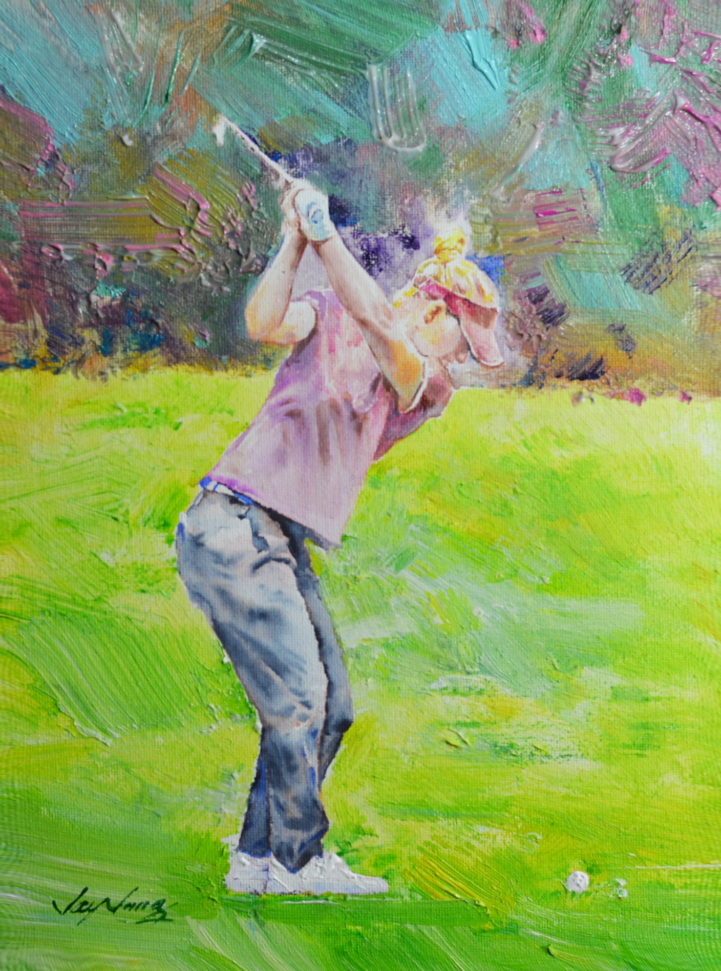 EOPF] JAY JACK JUNG (B. 1955) Original Artwork - Expressionism Lady Golfer Swinging Painting