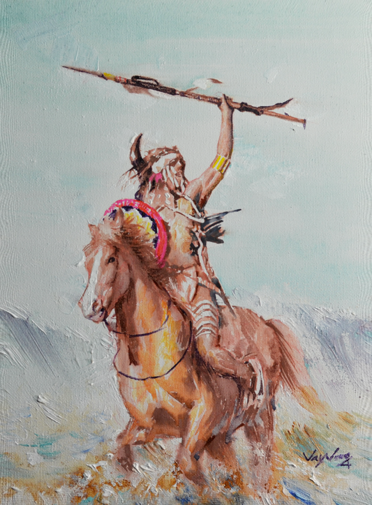 EOPW] JAY JACK JUNG (B. 1955) Original Artwork - Expressionism Native American Indian Warrior on Horse Painting