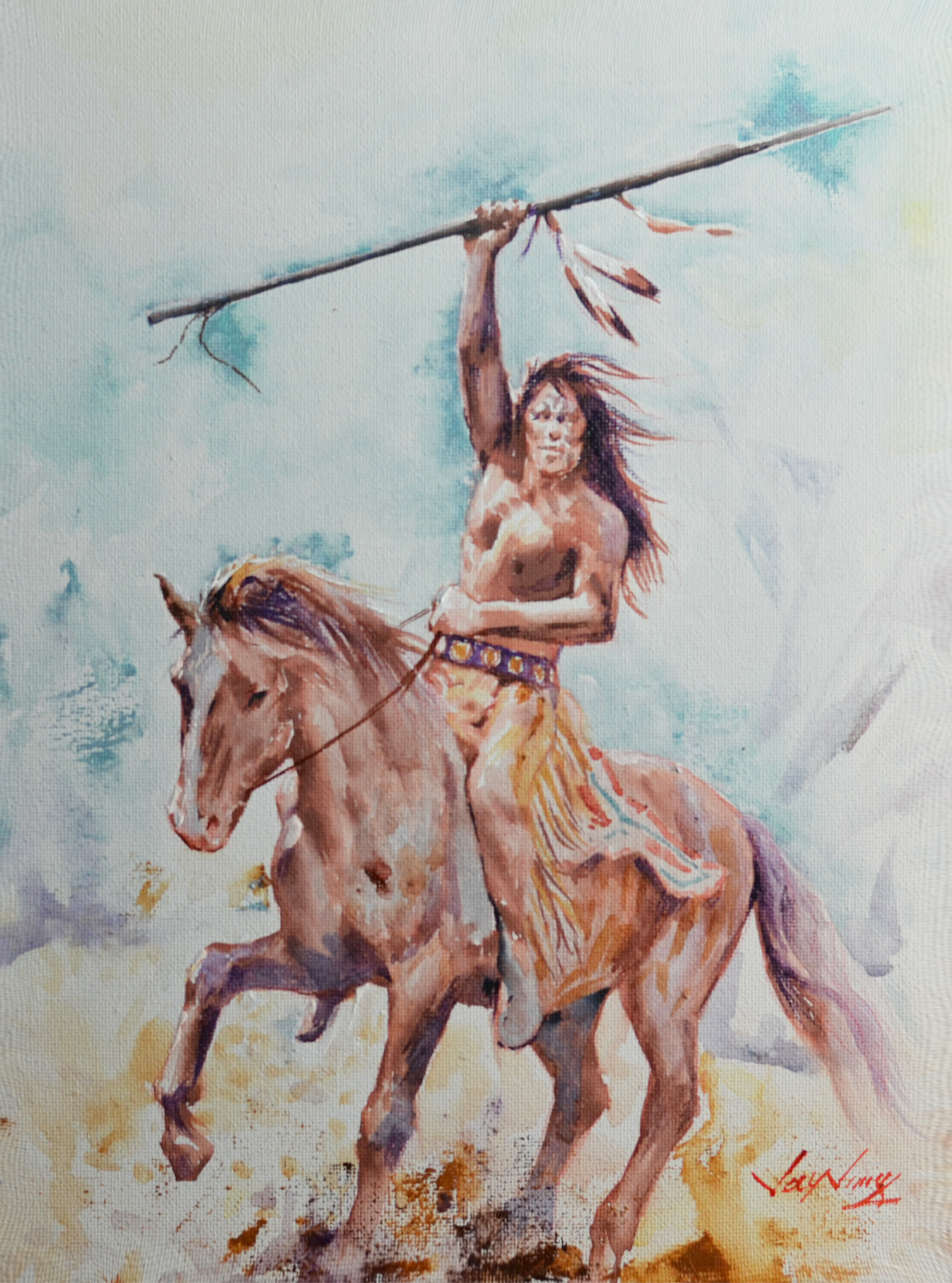 EOPW] JAY JACK JUNG (B. 1955) Original Artwork - Expressionism Native American Indian Warrior on Horse Painting