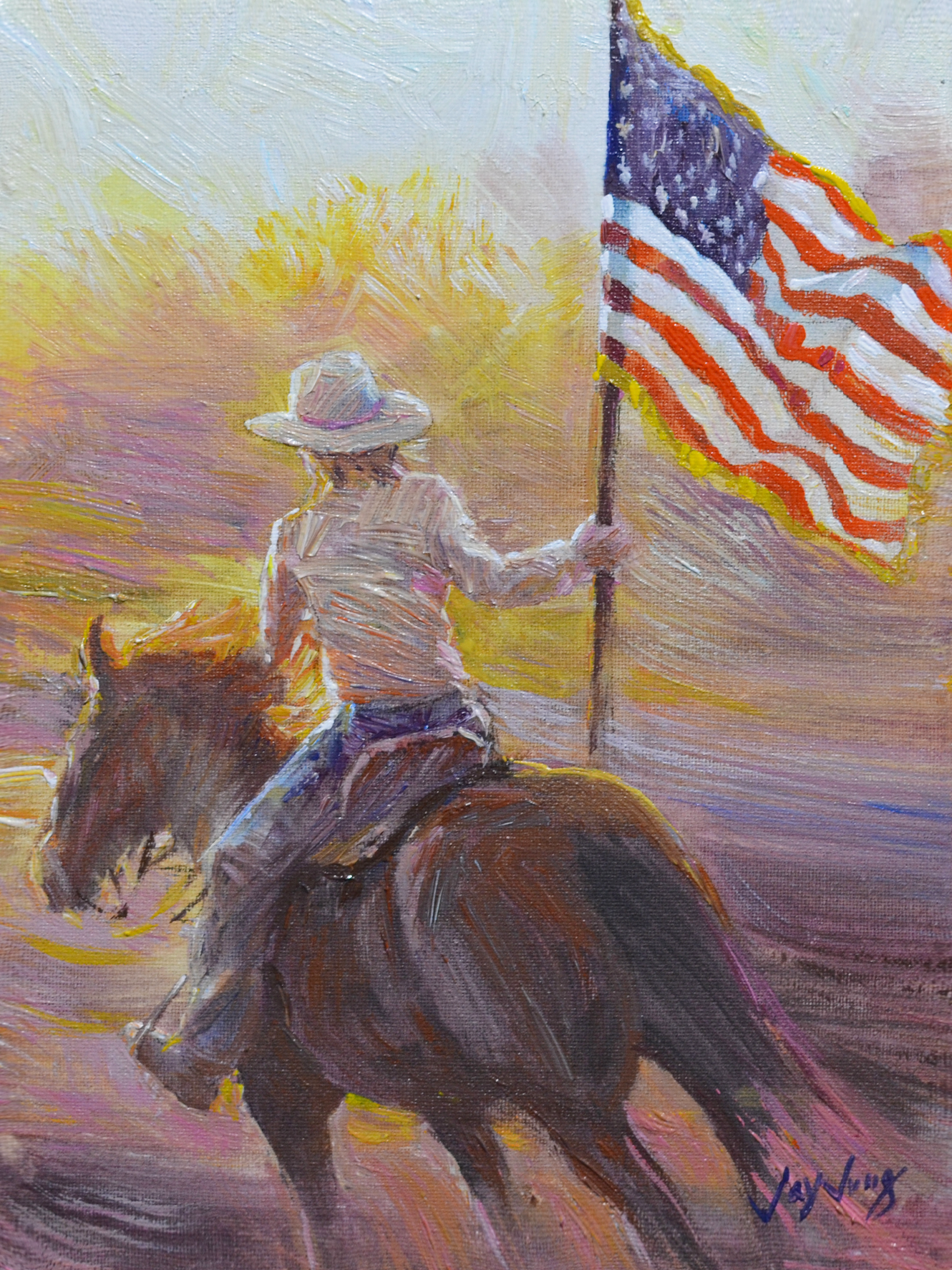 EOPW] JAY JACK JUNG (B. 1955) Original Artwork - Expressionism Cowgirl Riding Horse Carrying American Flag Painting