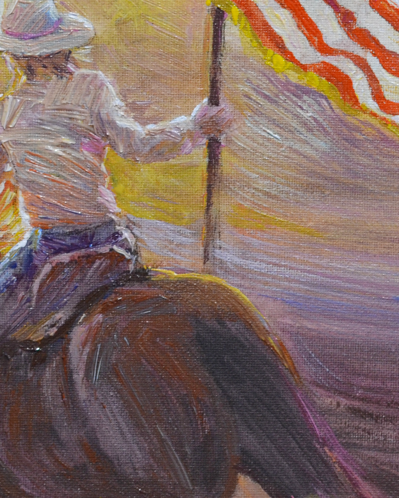 EOPW] JAY JACK JUNG (B. 1955) Original Artwork - Expressionism Cowgirl Riding Horse Carrying American Flag Painting