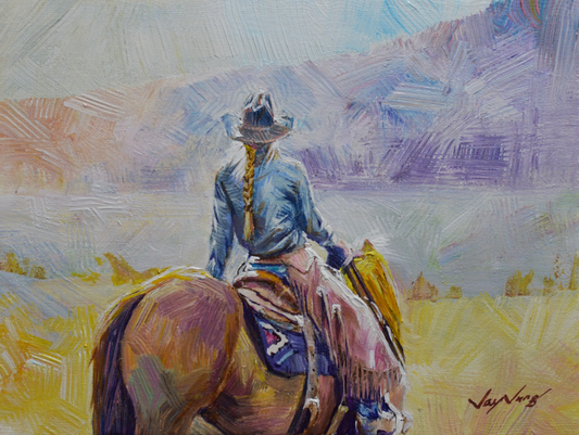 EOPW] JAY JACK JUNG (B. 1955) Original Artwork - Impressionism Cowgirl on Horse Painting