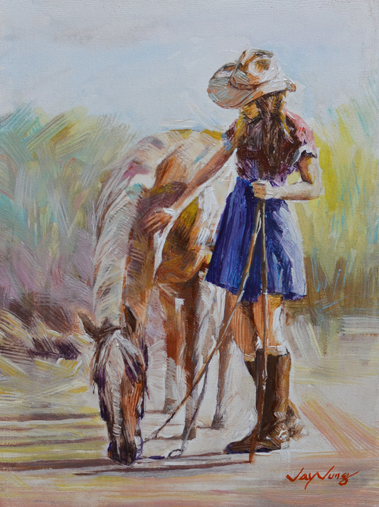 EOPW] JAY JACK JUNG (B. 1955) Original Artwork - Impressionism Cowgirl with Horse Painting