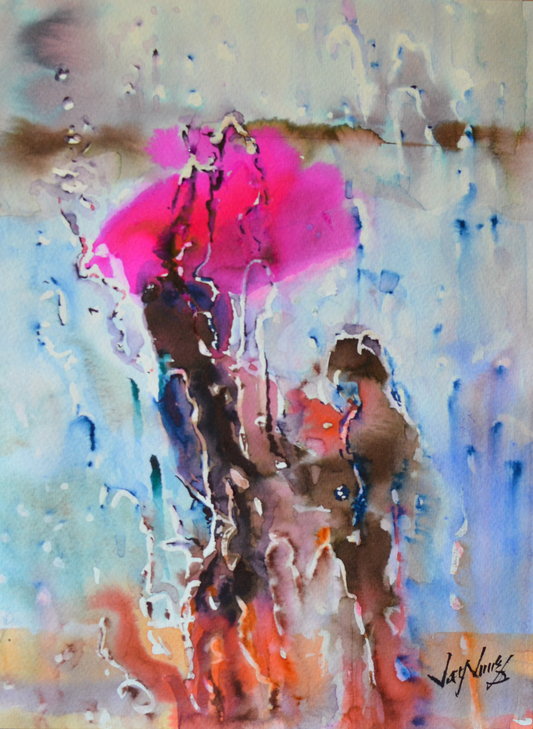 EOPF] JAY JACK JUNG (B. 1955) Original Artwork - Abstract Expressionism Mother and Child under an Umbrella Painting