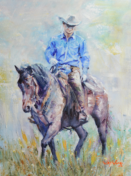 EOPW] JAY JACK JUNG (B. 1955) Original Artwork - Expressionism Cowboy Riding Horse Painting