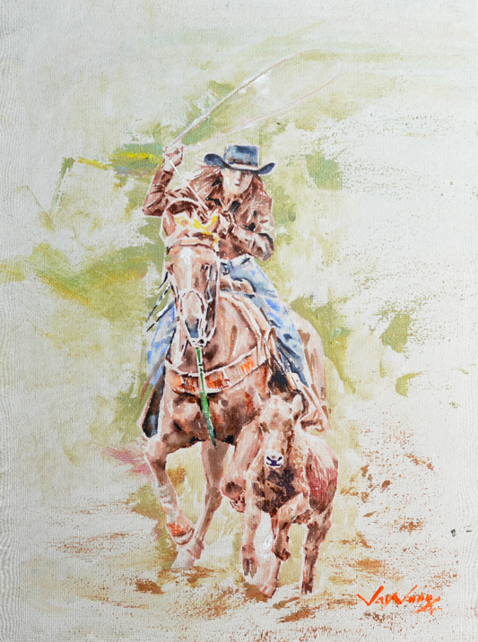 EOPW] JAY JACK JUNG (B. 1955) Original Artwork - Expressionism Cowgirl Riding Horse Painting