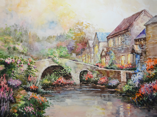 EOPL] JAY JACK JUNG (B. 1955) Original Artwork - Impressionism Bridge Village Landscape Watercolor Painting