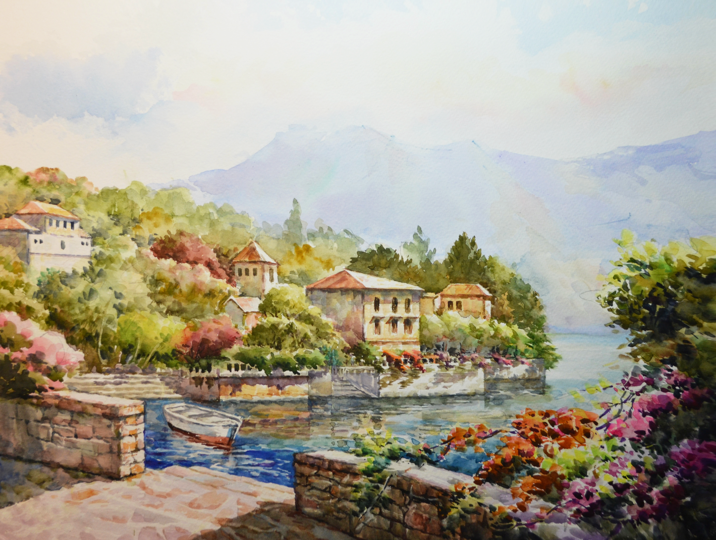 EOPL] JAY JACK JUNG (B. 1955) Original Artwork - Impressionism Seaside Village Landscape Watercolor Painting