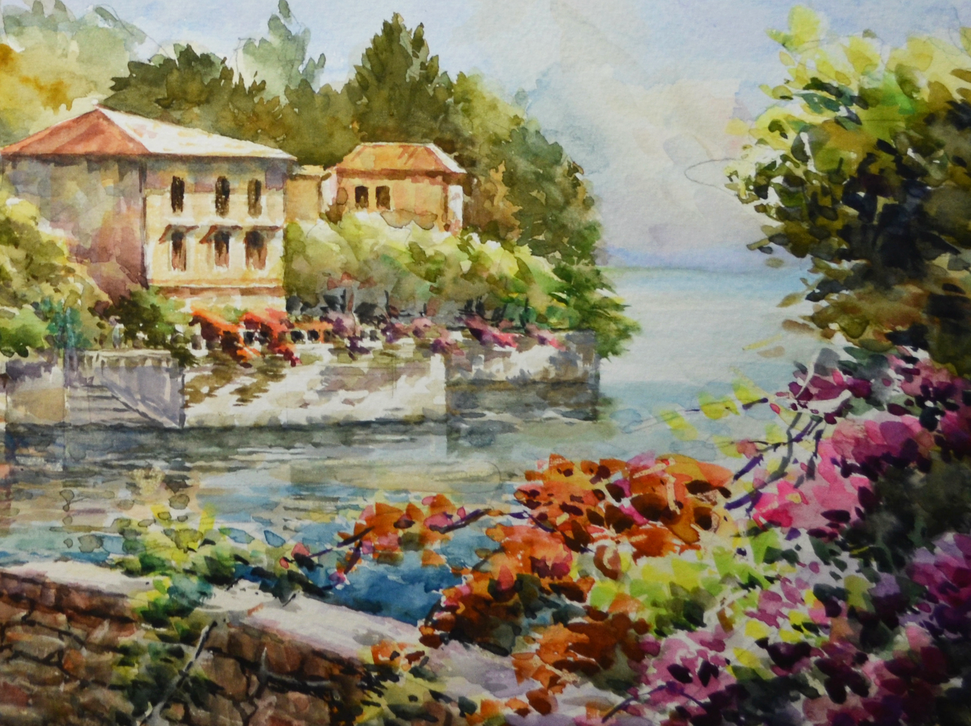 EOPL] JAY JACK JUNG (B. 1955) Original Artwork - Impressionism Seaside Village Landscape Watercolor Painting