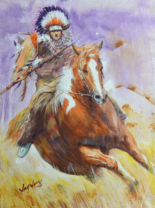 EOPW] JAY JACK JUNG (B. 1955) Original Artwork - Expressionism Native American Indian Warrior on Horse Painting