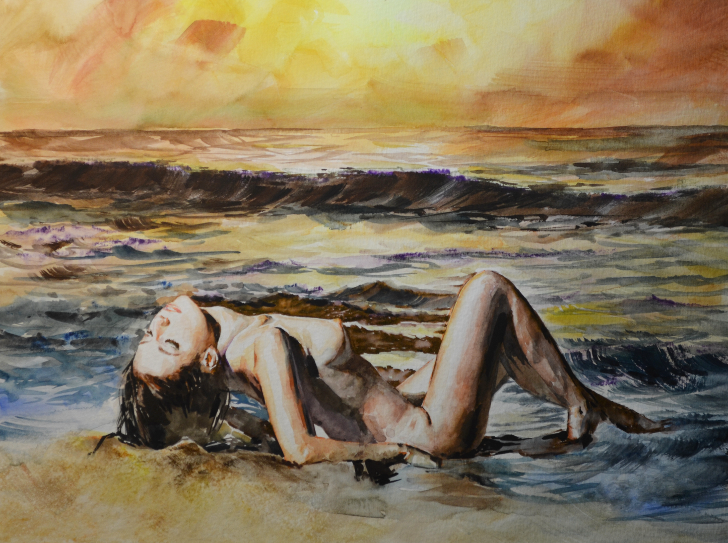 EOPN] JAE - Original Painting - Expressionism Sunset Beach Nude Model Figure Watercolor Painting