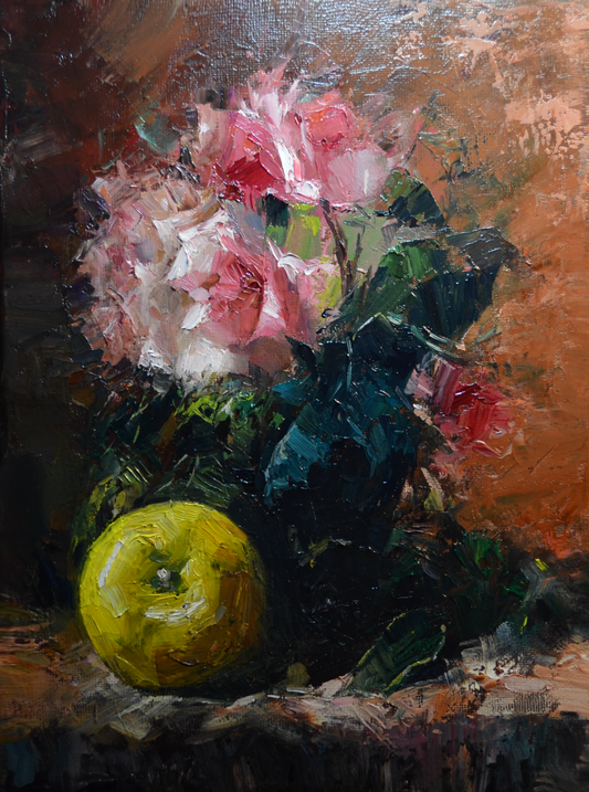 EOPR] JAY JACK JUNG (B. 1955) Original Artwork - Impressionism Flower Vase with Fruit Still Life Painting